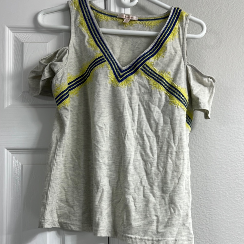 Skies Are Blue Gray Cold Shoulder Tank with Blue and Yellow Trim